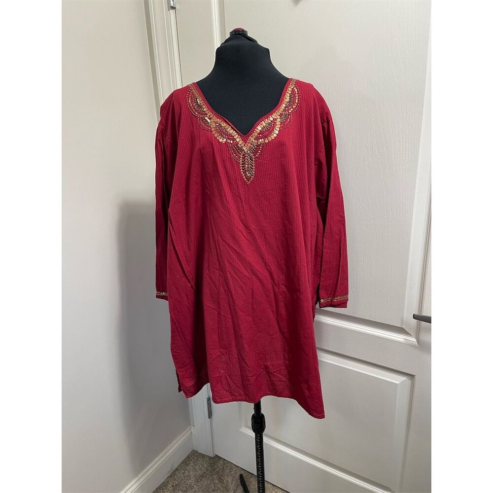 Liz & Me Women's Plus 3X Red Embellished Tunic Top V-Neck Long Sleeve (sku#315) - Picture 5 of 11